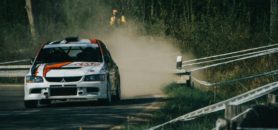 Rally car Evo driving down the road